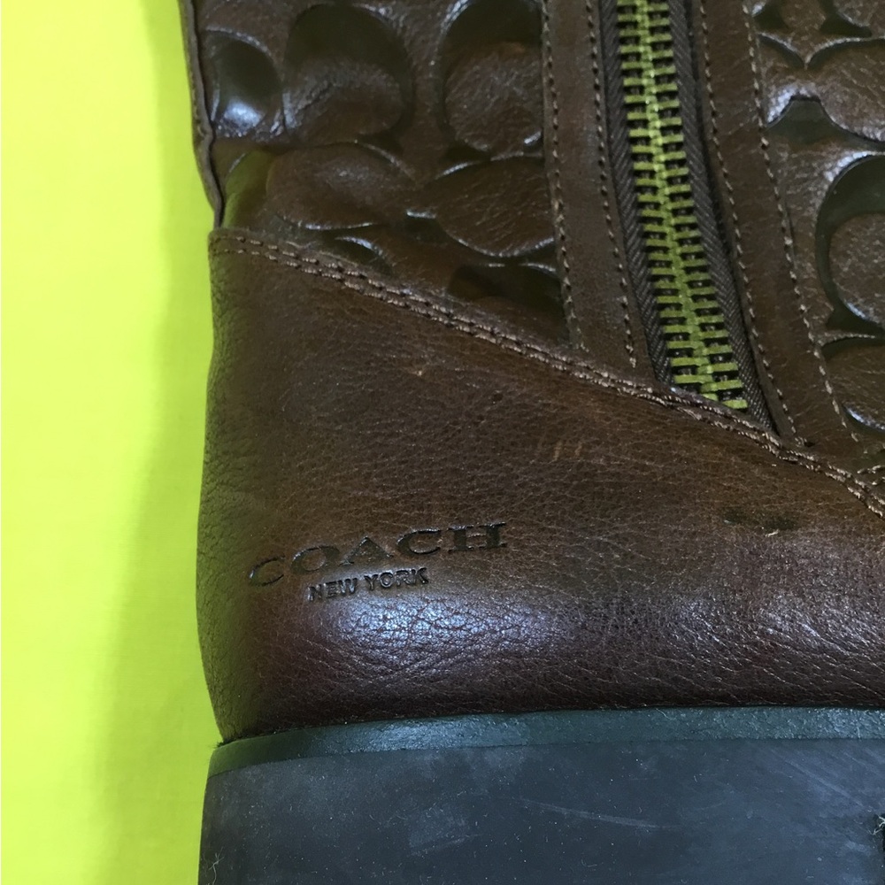 Coach Brown Leather Valentine Mid-Calf Logo-Embossed Boot with Gold-Zip SZ 8 - Picture 9 of 12